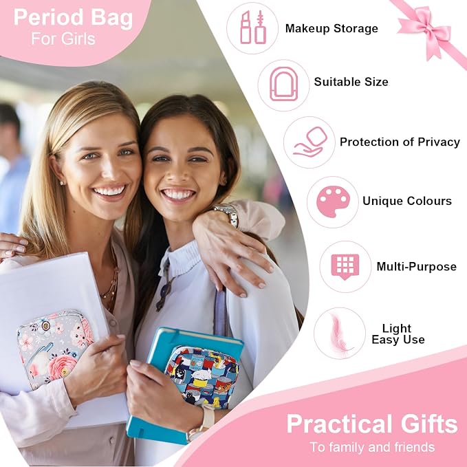 Sanitary Pad Storage Bag Portable Period Bag for Teen Pads/Sanitary Napkins/Small Tampons, Sanitary Napkin Storage Bag First Period Gifts for Teen Girls (Pink-White Checker)