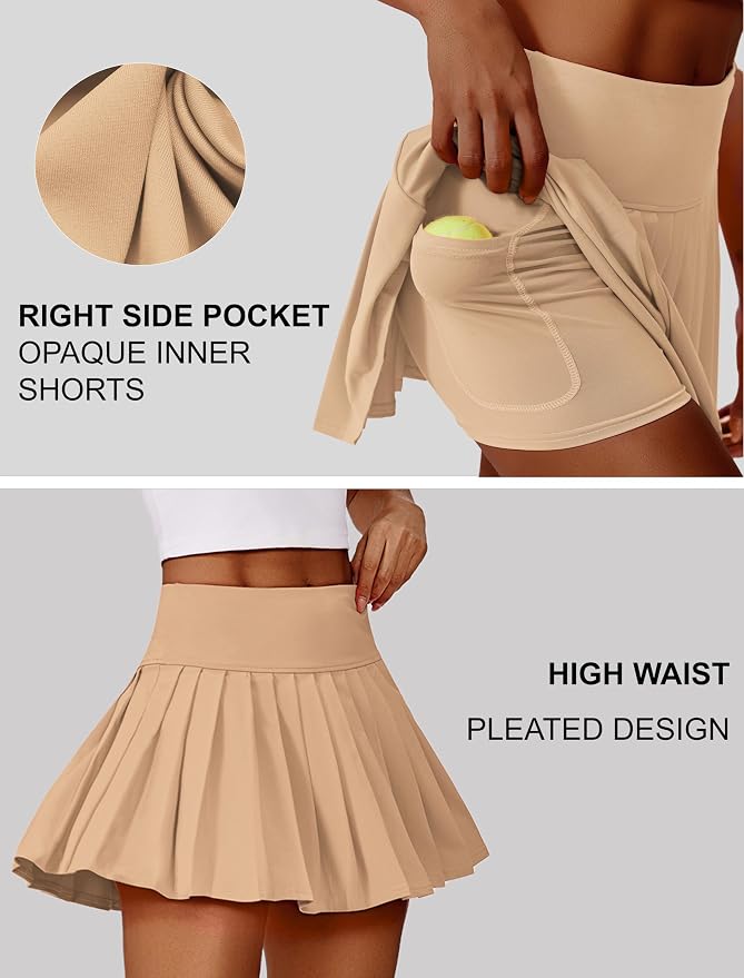 PINSPARK Pleated Tennis Skirts Mini Athletic Golf Skorts with Pocket | 14", High Waist, Lightweight, Quick Dry, Stretchy, Inner Shorts, Sun Protection, Pickleball, Casual, for Women