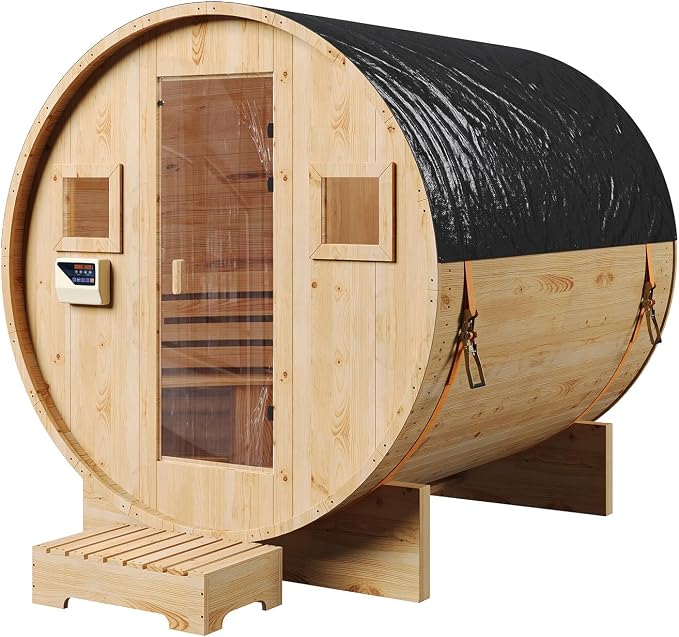 Outdoor Barrel Sauna, Traditional Wood Sauna for Backyard, Dry＆Wet Sauna for Outdoor, 220V/6KW Electric Heater with Sauna Stone, Sauna Accessories, Waterproof Tarpaulin