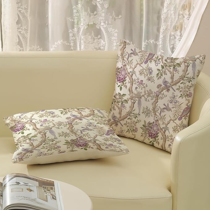 Chinoiserie Pillow Covers 22x22 Set of 2 Purple Green Floral Bird Throw Pillows Vintage Flowers Bird Decorative Pillow Cases Outdoor Chinoiserie Decor Farmhouse Cushion Case for Couch Sofa