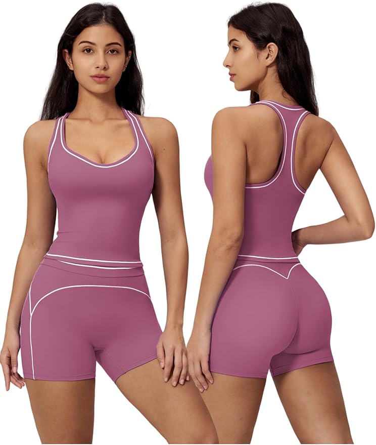 QBGJTD Two Piece Workout Sets for Women Color Block Racerback Tank Tops and High Waist Shorts Gym Yoga Outfits