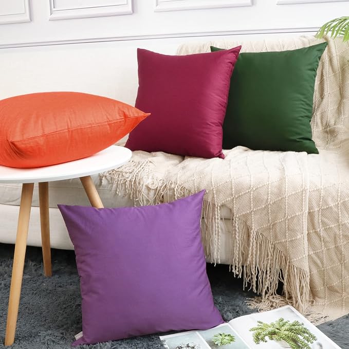 Thmyo 4-Pack 100% Cotton Comfortable Solid Decorative Throw Pillow Case, Square Cushion Cover Pillowcase Sublimation Blank Pillow Covers DIY Throw Pillowcase for Sofa(18x18 inch/ 45x45cm,Purple)