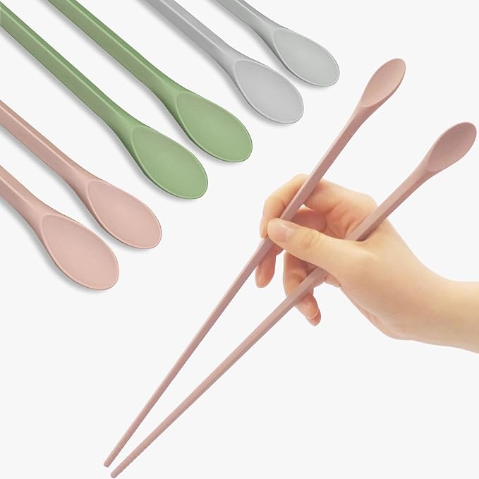 Reusable Long Silicone Cooking Chopsticks with Spoon - 12 Inches 3 Color Set, Eco-Friendly, Heat-Resistant, Non-Scratch, Korean, Japanese Asian Kitchen cookware. (Pink, Green, Grey, 3 Pair)