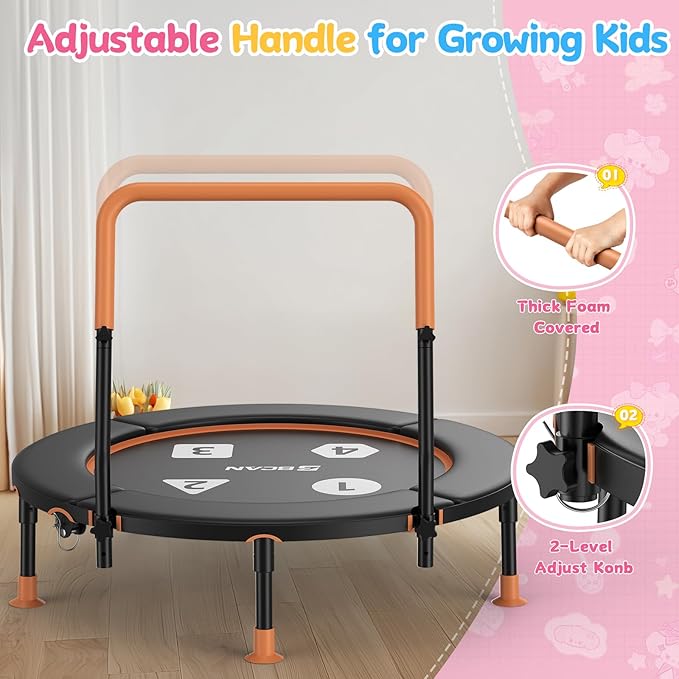BCAN BT1 36'' Toddler Trampoline, ASTM Certified-Foldable Mini Trampolines for Kids Ages 1-6, Adjustable Handle, Safety Pad & Foldable Legs, Baby Trampoline Indoor/Garden, Gift for Boy and Girl