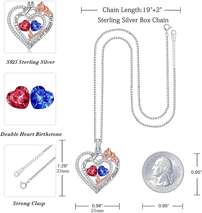 Iefil Valentines Day Gifts for Her Wife - 925 Sterling Silver Double Birthstone Necklace, Anniversary Birthday Gifts for Women, Jewelry Gift for Wife Girlfriend Mom Her