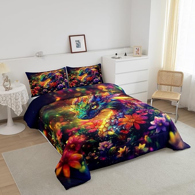 Feelyou Dragon Comforter Set Twin Size Shiny Dragon Comforter for Boys Girls Teens Wild Life Bedding Set Dragon Decor Duvet Set Room Decor Muticolor Quilt Set
