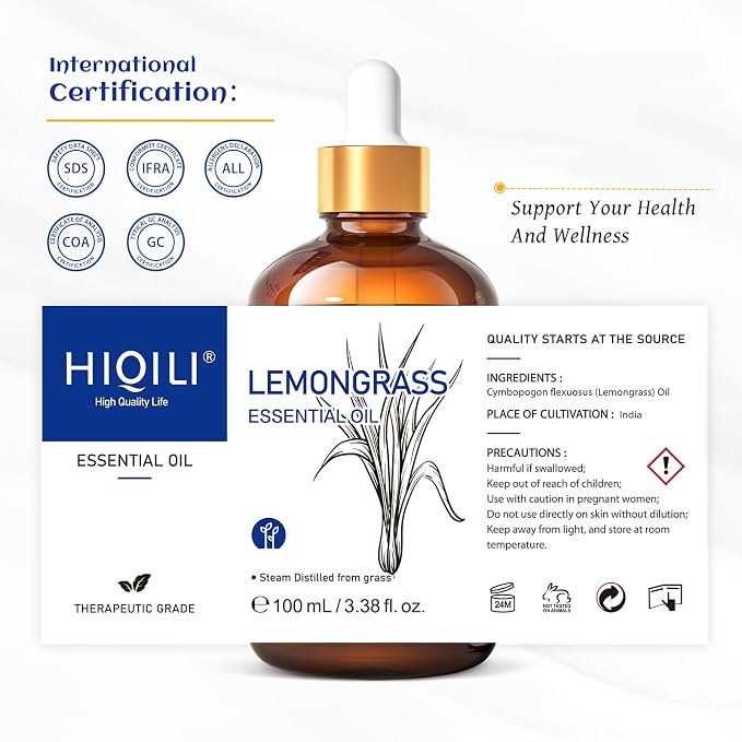 HIQILI Lemongrass Essential Oil for Diffuser, Outdoor Protection | Freshen Bathroom Kitchen Odor, and Use for Protective Spray, Ideal for Home Freshening & Outdoor Use -100mL / 3.38 fl oz