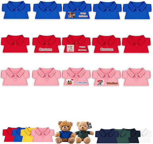 15 Pcs Personalized Teddy Bear Clothes with Name Photo, Custom Stuffed Animal Clothing Fit 8-16 inch Bears Clothes for Stuffed Animals, Doll Clothing Make Your Own Plush Doll Shirt