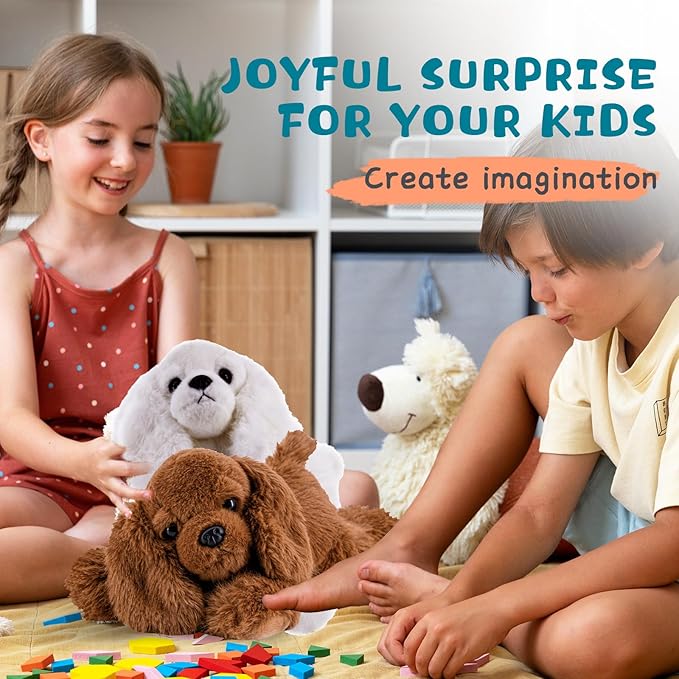 Plush Puppy Dog Set - 2 Pack 10 Inch Soft & Fluffy Stuffed Animal Dogs, Huggable White & Brown Plush Puppies, Cuddly Toy Gift for Kids & Dog Lovers, Machine Washable & Ultra-Soft
