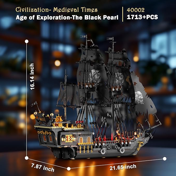 JMBricklayer Pirate Ship Building Toys with Lights, Pearl Pirate Ship Model Boat Kit 40002, Black Ship Toy Building Sets for Adult Teens 14+, Home Office Decor(1713 PCS) New Upgrade