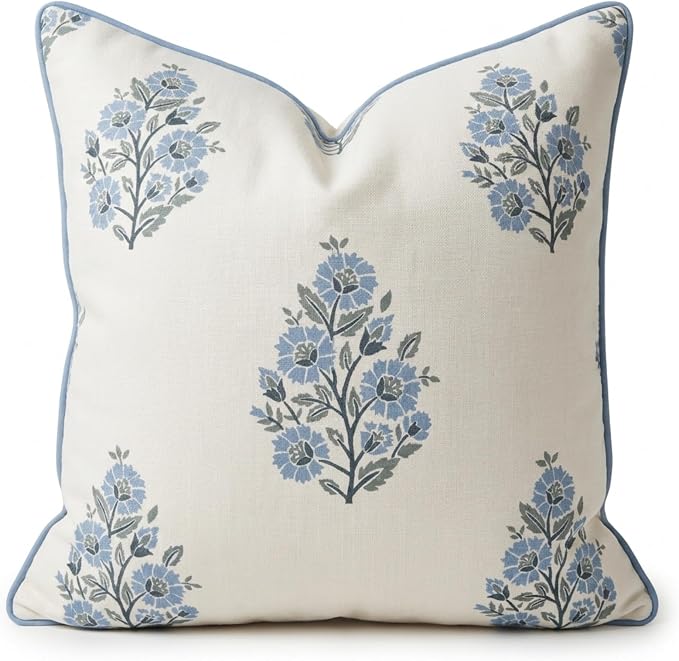 “The Camille” Decorative Pillow Cover – Blue & Whitel Floral Block Print Pillow Cover – Grandmillennial Home Decor, 24" x 24"