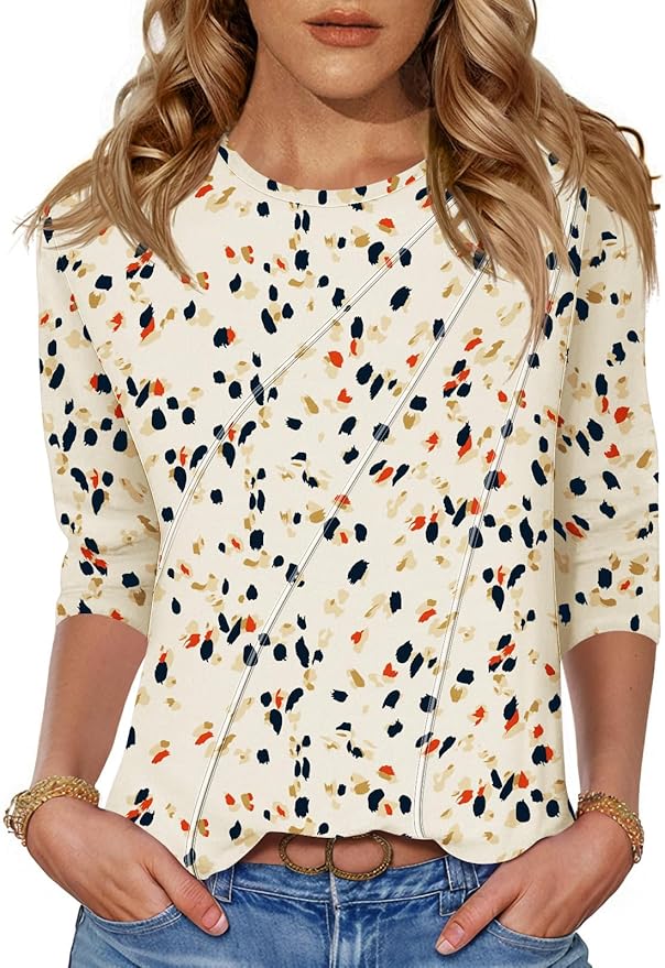 LOMON 3/4 Length Sleeve Womens Tops Spring Summer Fashion 2026 Tops Crew Neck Pleated Shirts Tunic Top Loose Fit