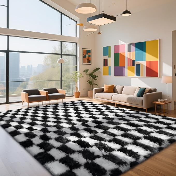 Checkered Rug for Living Room, 6x9 Black and White Area Rugs, Classic Checkered Carpets Shag Area Rug, Bedside Rugs for Living Room Bedroom Room Home Decor