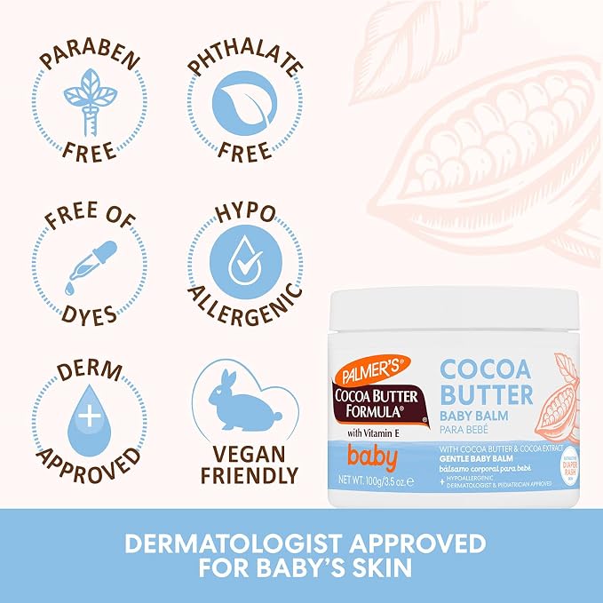 Palmer's Baby Balm, Cocoa Butter Formula Hydrating Baby Cream, 3.5 Oz, Nourishing Dry Skin, Eczema, Cradle Cap & Diaper Rash Cream, Hypoallergenic, 48Hr Moisture, Dermatologist Tested Essentials
