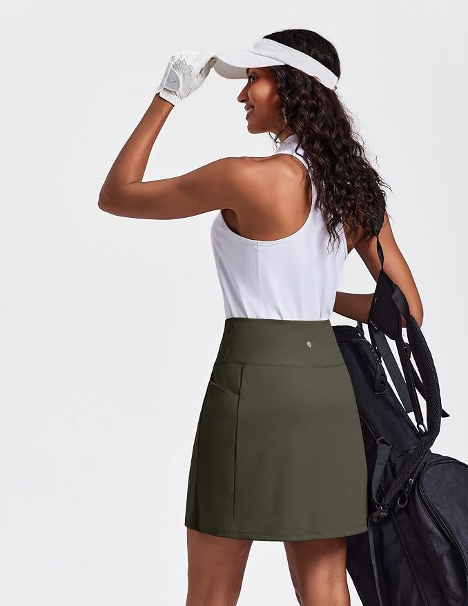 PINSPARK 19" Knee Length Skorts for Woman with Pockets UPF 50+ Golf Skirts | 4 Pockets, Built-in Shorts, High Waisted & Tummy Control, Moisture-wicking for Golf Athletic Tennis Workout Casual