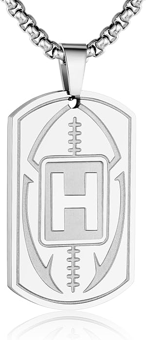 Initial A-Z Dog Tag Necklace for Men - Football Charm Pendant, Stainless Steel Chain 22+2 Inches, Personalized Sports Athletes Jewelry Gift