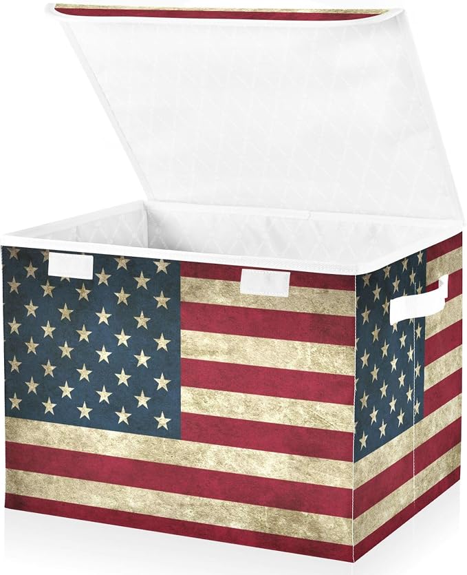 American Flag Storage Bins with Lids and Carrying Handle,Foldable Storage Boxes Organizer Containers Baskets Cube with Cover for Home Bedroom Closet Office