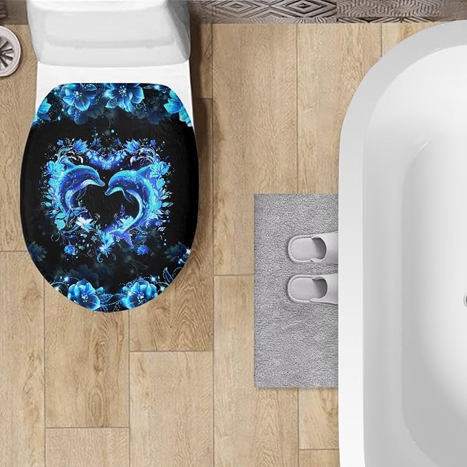 Neon Dolphin Toilet Seat Covers for Bathroom Blue Dolphin Bathroom Dust Cover Replacement Toilet Seat Cushion Cover with Elastic Bottom Universal Fit Elongated Oval Round Lid