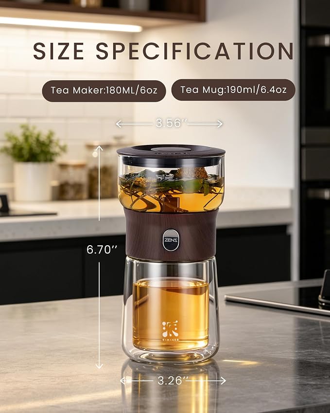 ZENS Modern Glass Tea Infuser Teapot, Smart One Touch Tea Maker for Loose Tea Diffusers with Insulated Mug and Cute Portable Walnuts Tea Kits for Tea Lover Gifts