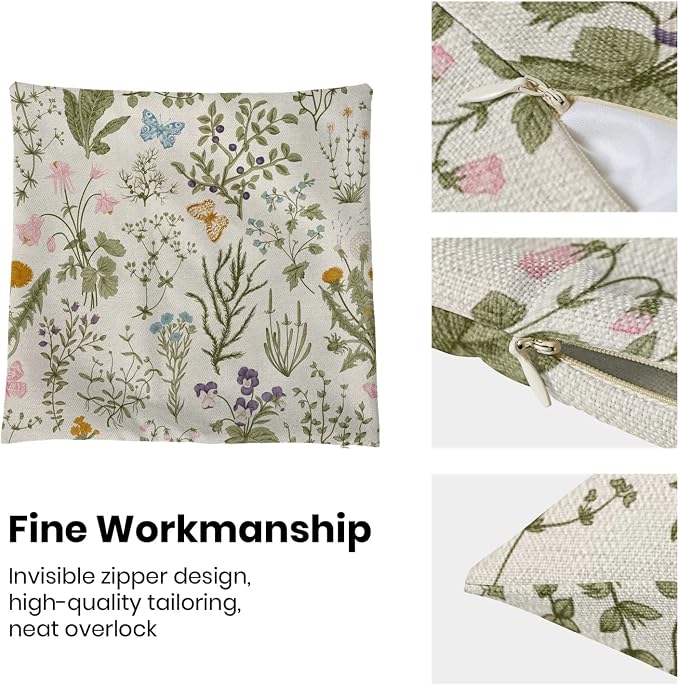 AEIOAE Spring Sage Green Wild Flower Pillow Covers 16x16 Set of 2 | Plant Throw Pillows Case,Seasonal Floral Outdoor Decorative Linen Farmhouse Decor Cushion Covers for Home Sofa Bed Couch