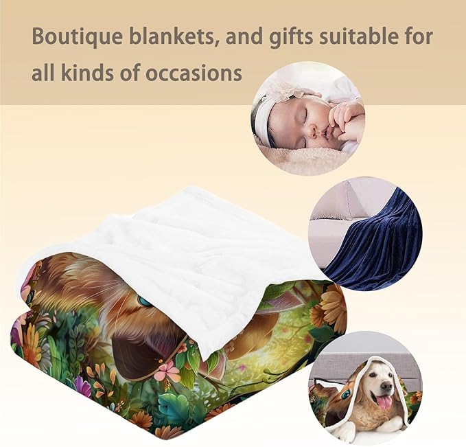Cute Cat & Floral Blanket, Soft Warm Lightweight Flannel Throw Blanket for Couch, Bed, Travel & Outdoor, Cozy Fluffy Fuzzy Blankets for Women Girls, Home Decor 80×60 in