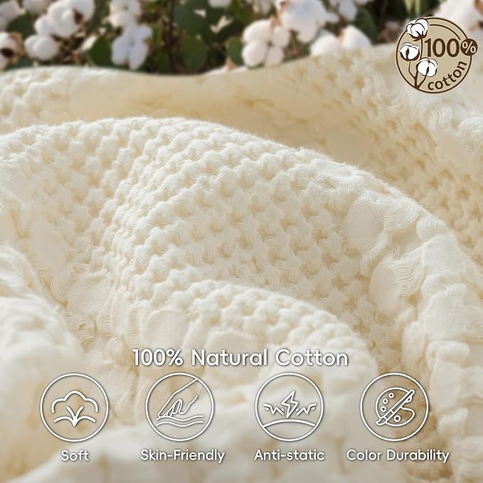 PHF 100% Cotton Waffle Weave Throw Blanket, Lightweight Breathable Summer Blanket for Couch Sofa, Pre-Washed Soft Throws for Bed, Office, Travel & Stylish Home Decor, 50"x60", Ivory