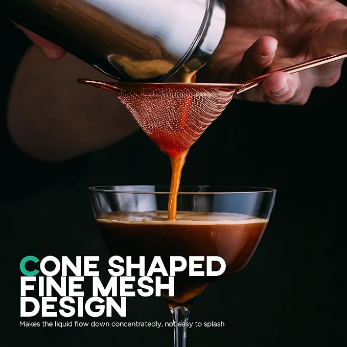 Homestia Fine Mesh Strainer for Kitchen, 304 Stainless Steel Cocktail Sieve Sifters for Food, Liquid Strainer Cup for Food, Drinks, Tea, Rice, Oil, Coffee, Juice, Flour, Fruits, Vegetables (Rose Gold)
