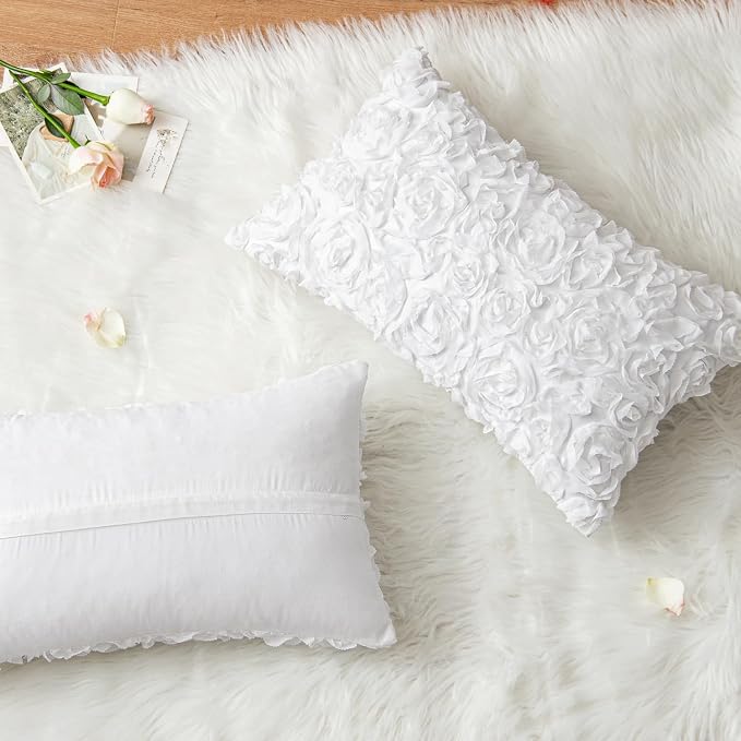 MIULEE Decorative Rose Flower Pillow Cover Pack of 1 White 12x20 Inch | Cute Romantic Stereo Chiffon Throw Pillow Cover Aesthetic Solid Pillowcase for Girl Coquette Room Decor Coach Bedroom