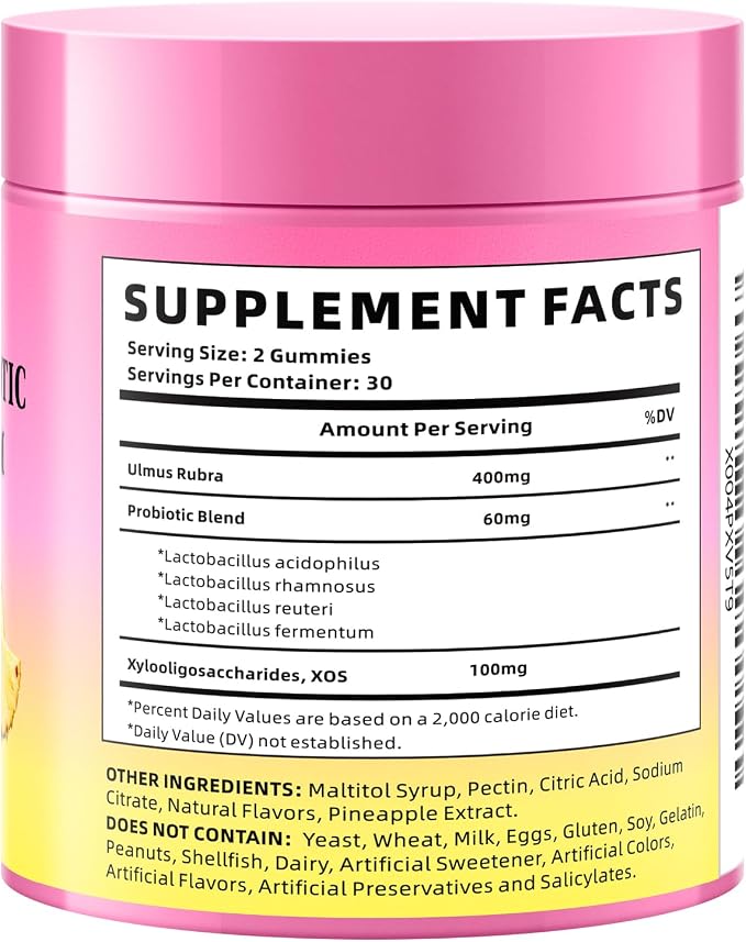 Women's Probiotics Slippery Elm Gummies, Sugar-Free Feminine Probiotics Gummies Support pH Balance, Gut Health & Immune System, Pineapple Flavor, 60 Count