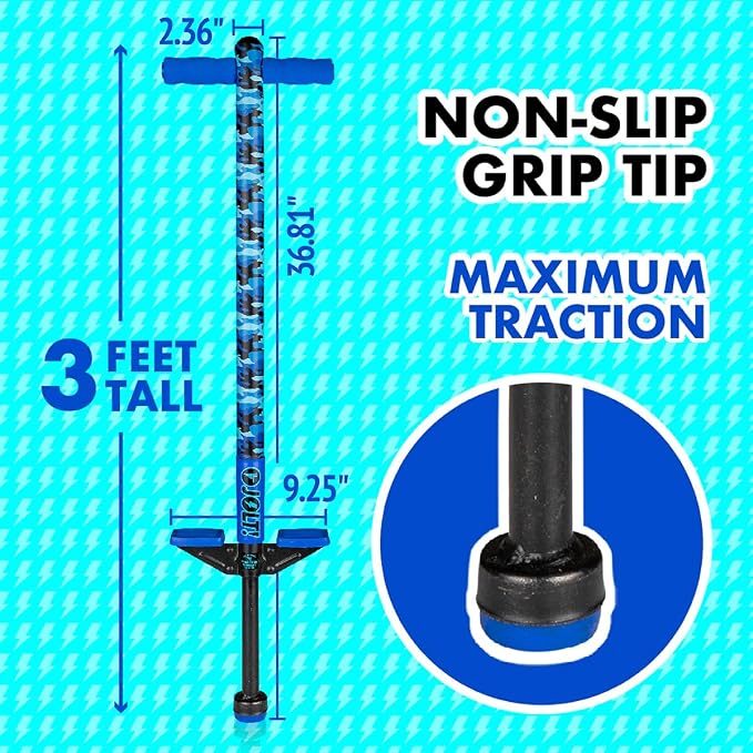 Flybar Jolt Pogo Stick for Kids, Perfect for Beginners w/ Foam-Covered Metal Frame, Handles & Padding, Non-Slip Foot Pads, Wide Tip, Outdoor Active Play Toy for Boys & Girls, Ages 6+, Blue Camo