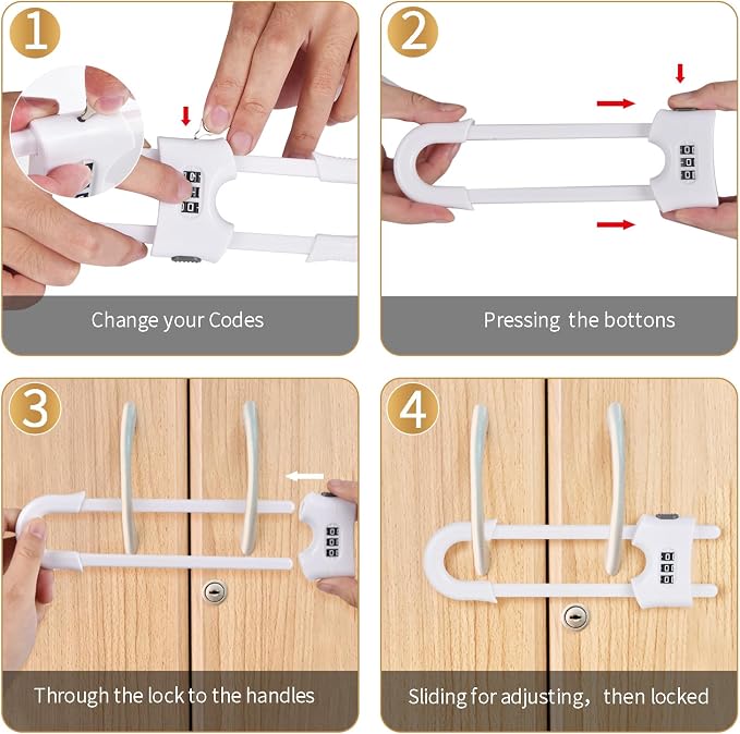 4 Pack U-Shaped Sliding Cabinet Locks Multifunctional Child Safety Lock Adjustable Baby Proof Clips for Home Cabinets Refrigerator Doors Cabinet Knobs and Window Handles (White)