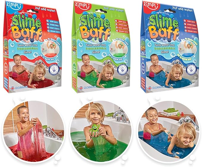 3 x Slime Baff Bundle from Zimpli Kids, Green, Blue and Red, Turn Water Into Gooey Slime, Children's Sensory and Bath Toy, Certified Biodegradable Gift