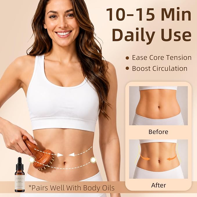 Oleamuo Meridian Massage Brush for Belly, 29-Teeth Brass Head Massage Tool | Rosewood Handle, Cooling Touch, for Scalp & Body Relief