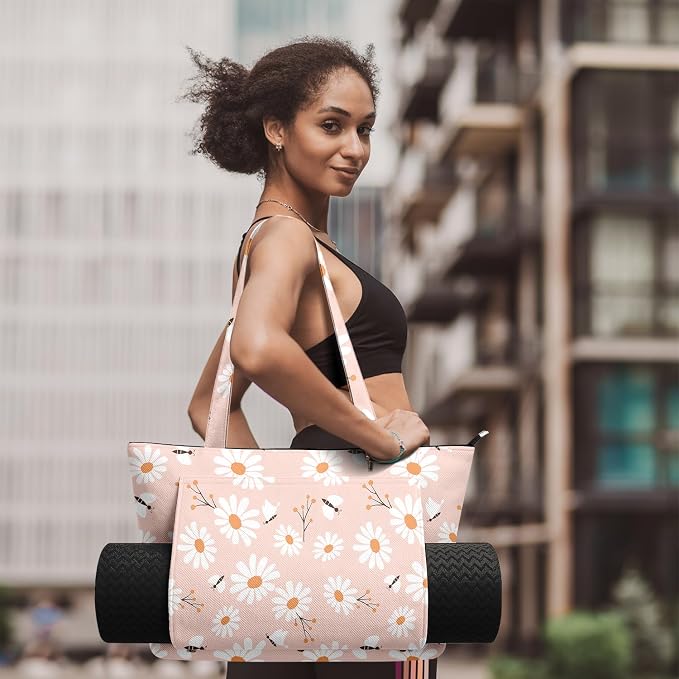 Yoga Bag for Women, Large Canvas Yoga Mat Tote Bag with Yoga Mat Carrier - Large Mat Pocket Fitness Tote for Pilates, Gym, Travel, Office & Beach