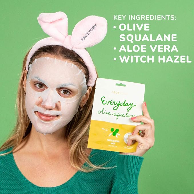 FACETORY K Beauty Face Mask Skin Care - Everyday OLIVE Skin Balancing Sheet Mask | Plant-Based with Squalane Oil (10 Pack)