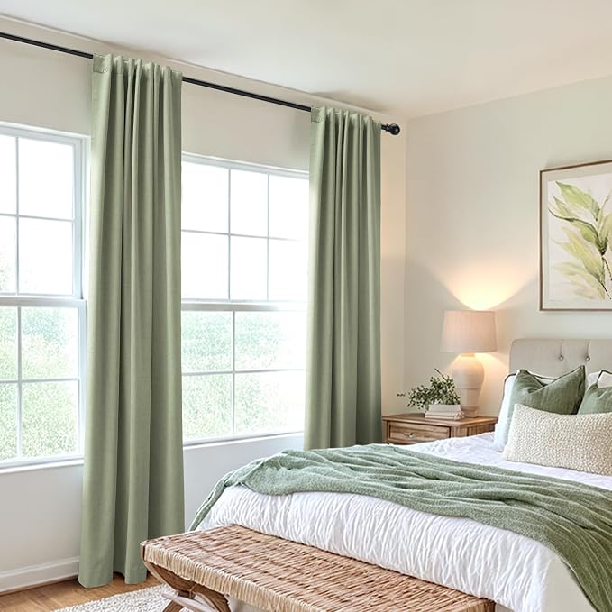 100% Blackout Shield Linen Blackout Curtains for Bedroom 96 Inches Long, Back Tab/Rod Pocket Living Room Drapes, Thermal Insulated Blackout Curtains 2 Panels Set, 50" W x 96" L, Sage