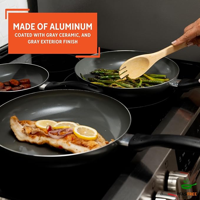 IMUSA 3 Piece 7, 9 & 11 Inch Chef Cera Aluminum Gray Ceramic Fry Pan Set | Ceramic Nonstick Coating, Cool-Touch Handles, Ideal for Sautéing and Searing, Great for Everyday Home Cooking