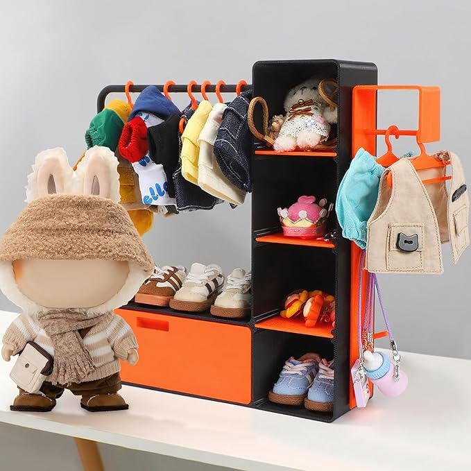 Doll Clothes Closet with 10 Hangers & Rod- Stackable Organizer Cabinet for 15/17cm Doll Clothes Doll Accessories Display Box, Clothes Storage for Figures, Portable Storage for Fashion