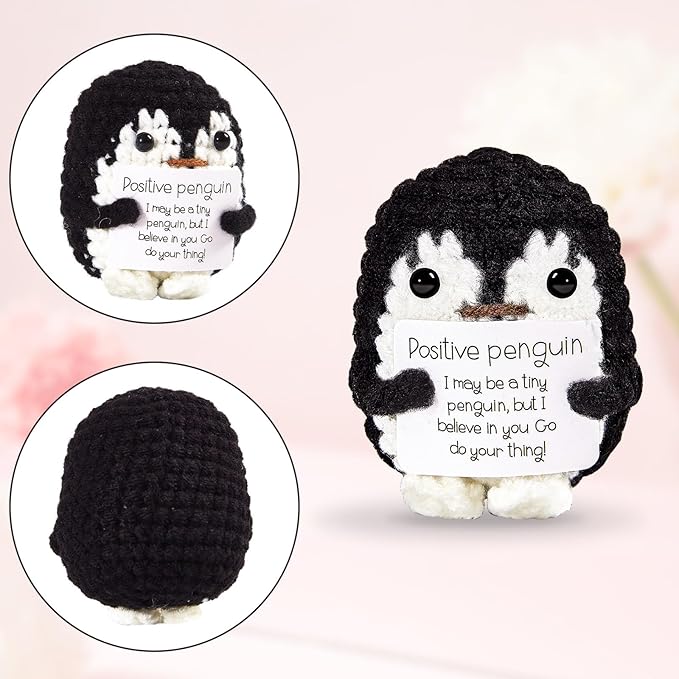 Hoedia Handmade Emotional Pickle Gift, Cucumber Crochet Doll Inspirational Gifts with Cards, Cute Knitted Funny Support Pickle Friend Birthday (Positive Penguin)