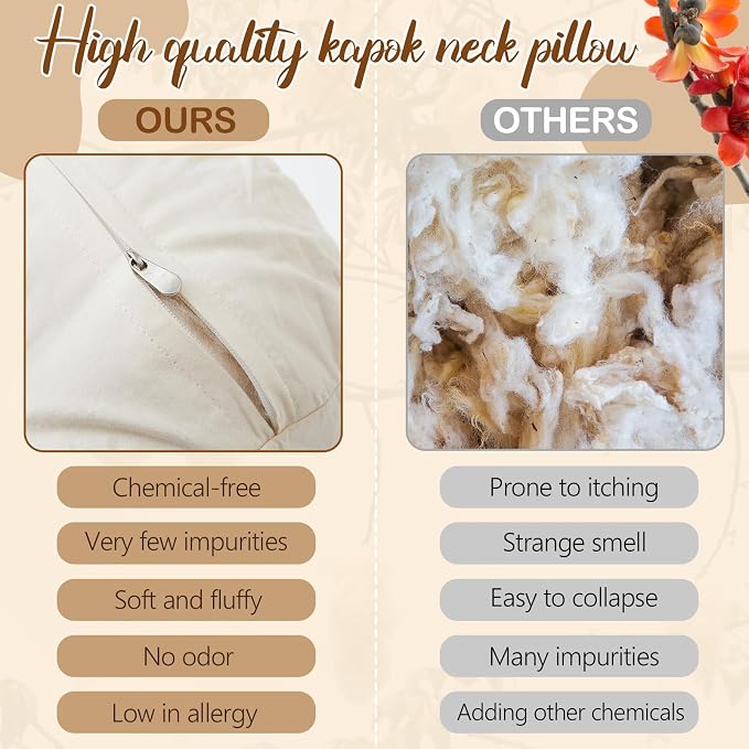 Leinuosen Organic Kapok Orthopedic Roll Pillow 12"x4" – Neck, Back, Knee & Leg Support Bolster – Cervical & Lumbar Roll for Pain Relief, Spinal Alignment – Natural Filling, Adjustable for Bed & Travel