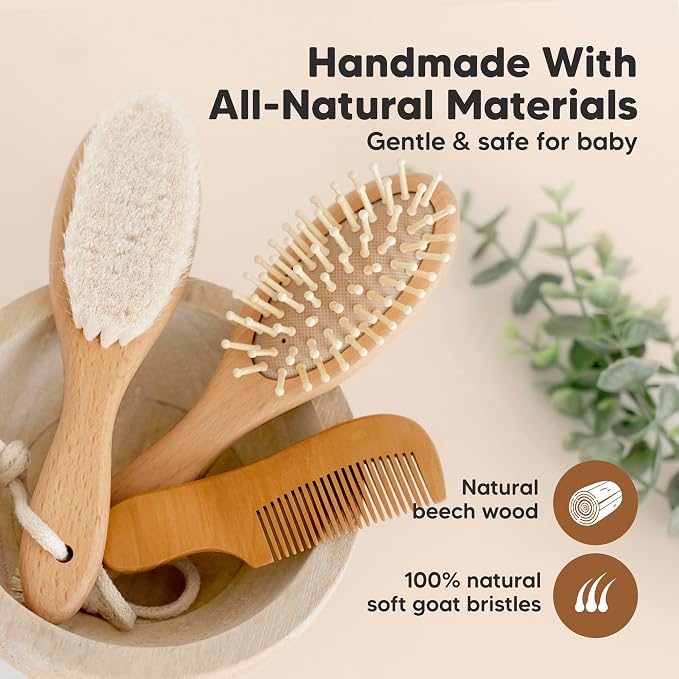 Wooden Baby Hair Brush Set for Newborns, Toddlers - Soft Goat Bristle Baby Brush and Comb Set Newborn Grooming Kit for Cradle Cap Care, Durable & Gentle, Boy, Girl Infant Essentials (Regular, Walnut)