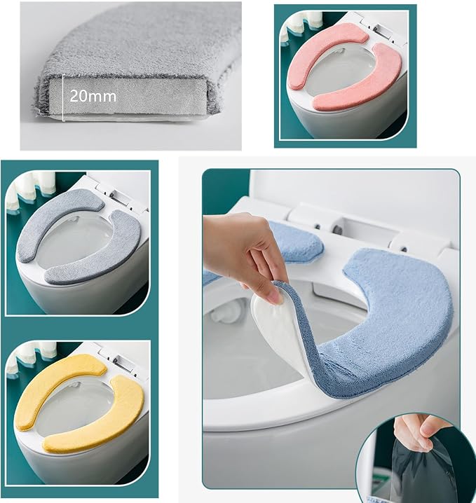 1 Pair Soft Toilet Seat Covers Plush Thick Fabric Toilet Seat Warmer Waterproof self-adhesive Reusable Machine-Washable Universal for All Types of Toilets Bathroom (Blue)