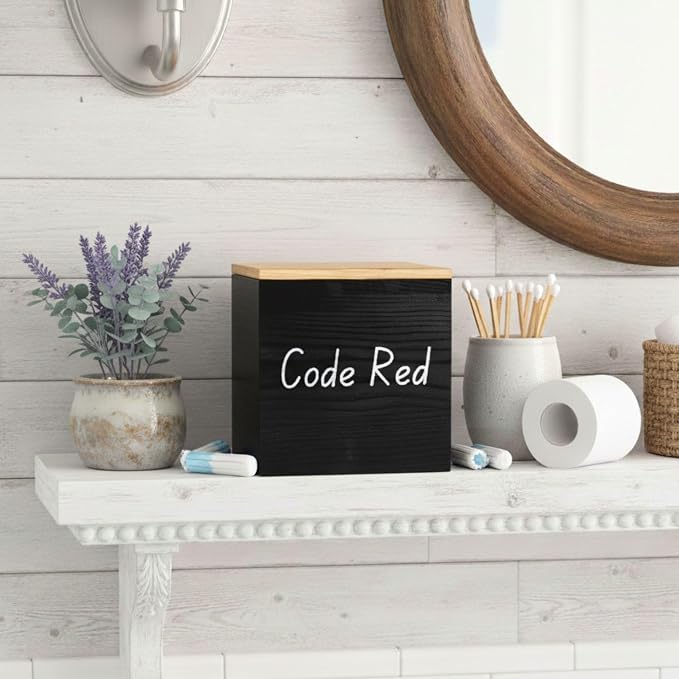 GoFika Tampon Holder for Bathroom| Feminine Product Organizer| Pad Container with Lid Black| Girls Stuff Storage Box Rustic Real Wood