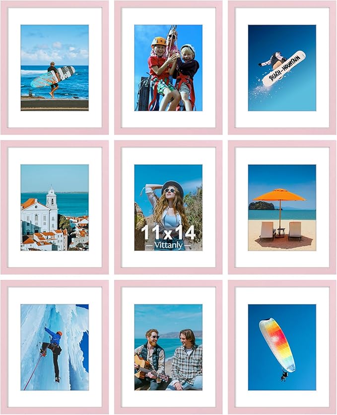 Vittanly 11x14 Picture Frames Set of 9 for Wall Mounting, Pink | Display Pictures 8x10 with Mat or 11x14 without Mat, Engineered Wood with Shatter Resistant Plexiglass, Gallery Photo Frames