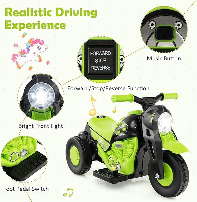 HONEY JOY Ride On Motorcycle, 6V Toddler Motorcycle with Bubble Maker, LED Light, Music, Foot Pedal, Forward/Backward, 3-Wheel Battery Powered Electric Motorcycle for Kids, Gift for Boys Girls (Green)