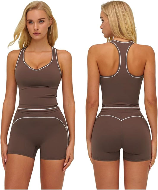 QBGJTD Two Piece Workout Sets for Women Color Block Racerback Tank Tops and High Waist Shorts Gym Yoga Outfits