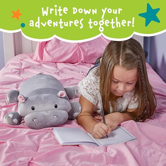 Cuddly Memory Foam Pillow Plush with Belly Pocket, Kids Pillow for Hugging Sleeping & Storing Diary, 15” Stuffed Animal & Journal Set - Gloria The Hippo
