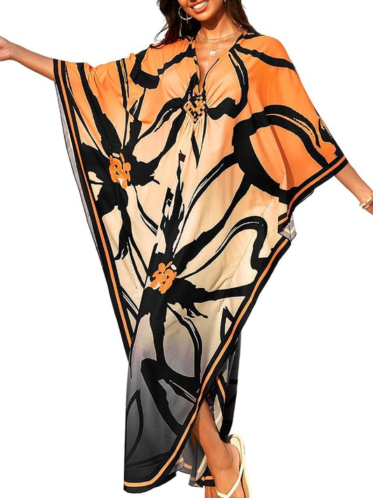 ChiaoLezhee Print Moo-Moos for Women, Kaftan Cover-Up Dresses, Sexy V-Neck High-Slit, Beach Pool-Party Coverups Muumuu Plus