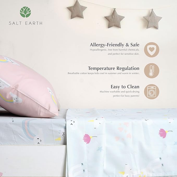 Salt Earth 100% Cotton 210TC Kids Bedsheet, Twin Fitted Sheet, Toddler Bed, 2 Piece Bedding Set- 1 Fitted Sheet and 1 Pillowcase, Themed Toddler Bed Sheets, Cute Sheets for Kids Bed (Unicorn/Rainbow)