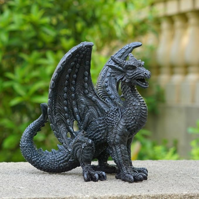 Gothic-Themed Dark Dragon Statue Figurine 8'' Long Majestic Dragon Medieval Mythic Guardian Collectible Fantasy Decoration Home Office Shlef Mantel Decor Gifts